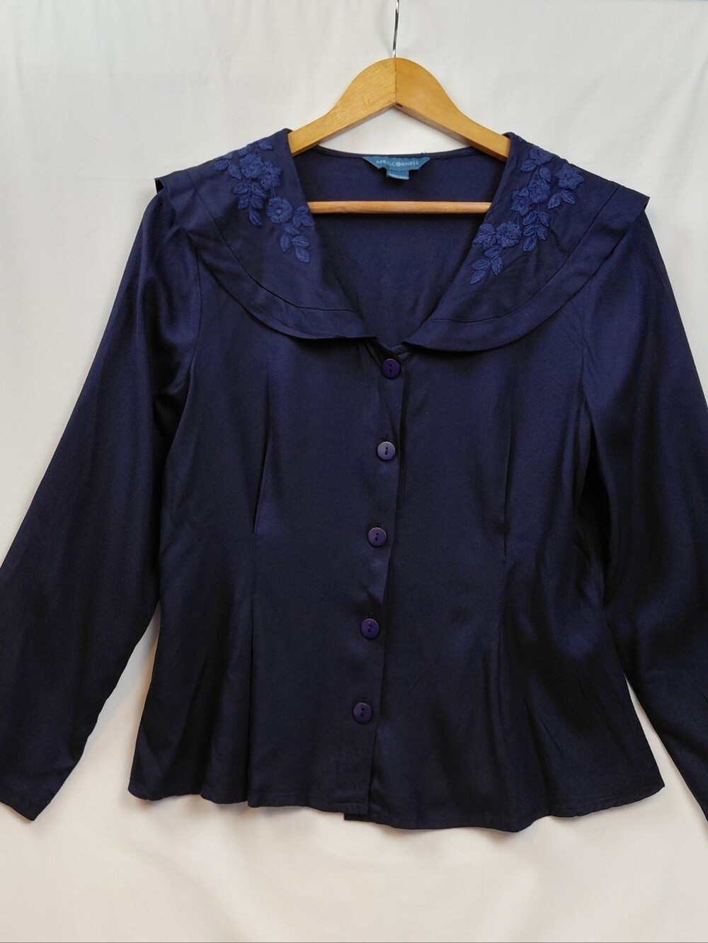April Cornell Sailor Collar Blouse Size Small Embroidered Blue